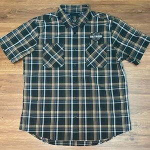 Harley Davidson Men's Performance Short Sleeve Shirt - Black Orange Plaid XL